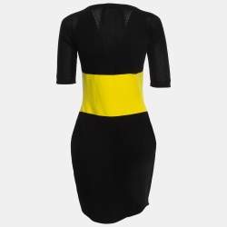 Pre Owned Gianni Versace BlackYellow Patterned Stretch Knit Bodycon Dress L