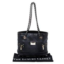 Pre Owned Versace Black Quilted Leather Sided Zip Tote