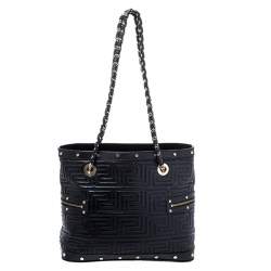 Pre Owned Versace Black Quilted Leather Sided Zip Tote