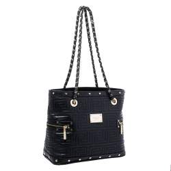 Pre Owned Versace Black Quilted Leather Sided Zip Tote
