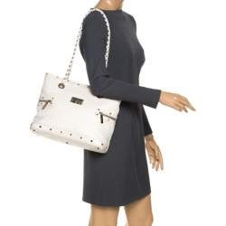 Pre Owned Versace White Quilted Leather Sided Zip Tote