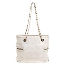 Pre Owned Versace White Quilted Leather Sided Zip Tote