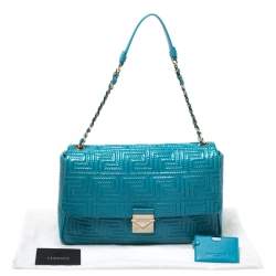 Pre Owned Versace Blue Patent Leather Large Flap Shoulder Bag