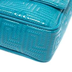 Pre Owned Versace Blue Patent Leather Large Flap Shoulder Bag