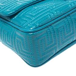 Pre Owned Versace Blue Patent Leather Large Flap Shoulder Bag