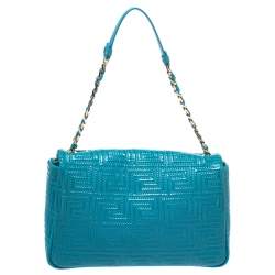 Pre Owned Versace Blue Patent Leather Large Flap Shoulder Bag