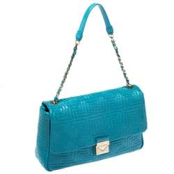 Pre Owned Versace Blue Patent Leather Large Flap Shoulder Bag