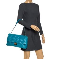 Pre Owned Versace Blue Patent Leather Large Flap Shoulder Bag