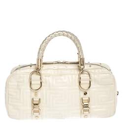 Pre Owned Gianni Versace Light Cream Quilted Patent Leather Bowler Bag