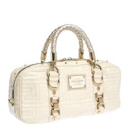 Pre Owned Gianni Versace Light Cream Quilted Patent Leather Bowler Bag