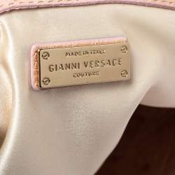 Pre Owned Gianni Versace Peach Quilted Ostrich Embossed Leather Bowler Bag
