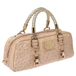 Pre Owned Gianni Versace Peach Quilted Ostrich Embossed Leather Bowler Bag
