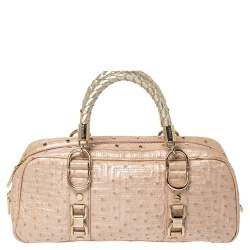 Pre Owned Gianni Versace Peach Quilted Ostrich Embossed Leather Bowler Bag