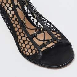 Pre Owned Gianvito Rossi Black Mesh and Leather Lace Up Open Toe Booties Size 40