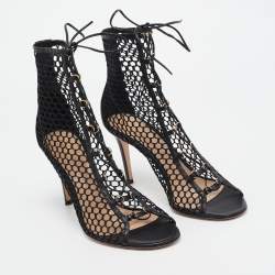 Pre Owned Gianvito Rossi Black Mesh and Leather Lace Up Open Toe Booties Size 40