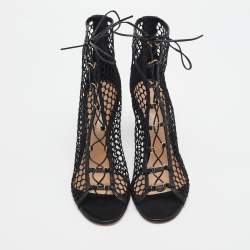 Pre Owned Gianvito Rossi Black Mesh and Leather Lace Up Open Toe Booties Size 40