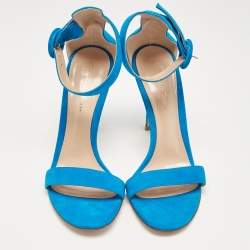 Gianvito Rossi Blue Suede Portofino Ankle Strap Sandals Size 38