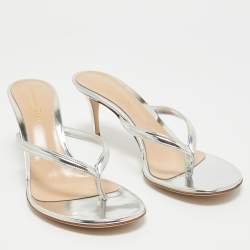 Pre Owned Gianvito Rossi Silver Patent Leather Calypso Thong Sandals Size 38.5