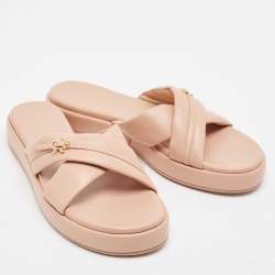 Gianvito Rossi Pink Leather alima Criss Cross Flat Slides Size 40.5