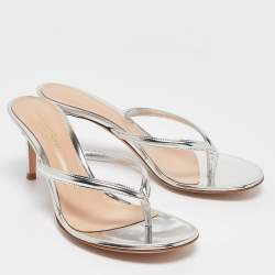 Pre Owned Gianvito Rossi Silver Patent Leather Calypso Thong Sandals Size 37.5