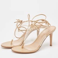 Gianvito Rossi Beige Leather and PVC Plexi Thong Wrap Sandals Size 37.5