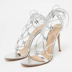 Gianvito Rossi Silver Leather Giza Ankle Wrap Sandals Size 39.5