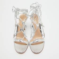 Gianvito Rossi Silver Leather Giza Ankle Wrap Sandals Size 39.5