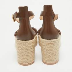 Pre Owned Gianvito Rossi Brown Braided Leather Merida Espadrille Wedge Sandals Size 40.5