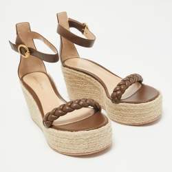 Pre Owned Gianvito Rossi Brown Braided Leather Merida Espadrille Wedge Sandals Size 40.5