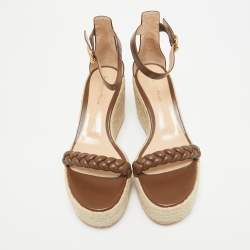 Pre Owned Gianvito Rossi Brown Braided Leather Merida Espadrille Wedge Sandals Size 40.5