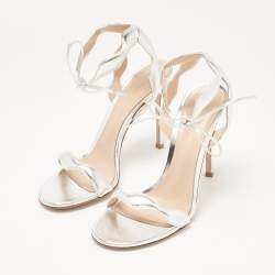 Pre Owned Gianvito Rossi Silver Leather Wavy Ankle Tie Sandals Size 38