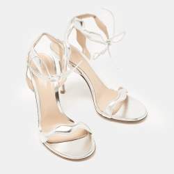 Pre Owned Gianvito Rossi Silver Leather Wavy Ankle Tie Sandals Size 38