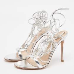 Gianvito Rossi Silver Leather Giza Ankle Wrap Sandals Size 37