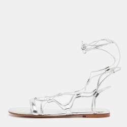 Gianvito Rossi Silver Leather Giza Flat Sandals Size 37