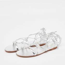 Gianvito Rossi Silver Leather Giza Flat Sandals Size 37