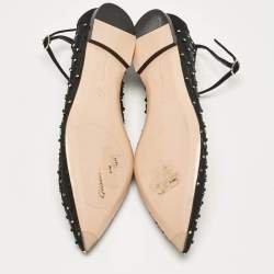 Pre Owned Gianvito Rossi Black Mesh and Suede Crystal Studded Ankle Strap Ballet Flats Size 37