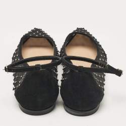 Pre Owned Gianvito Rossi Black Mesh and Suede Crystal Studded Ankle Strap Ballet Flats Size 37