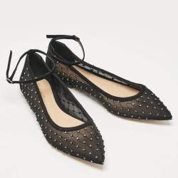 Pre Owned Gianvito Rossi Black Mesh and Suede Crystal Studded Ankle Strap Ballet Flats Size 37