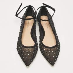Pre Owned Gianvito Rossi Black Mesh and Suede Crystal Studded Ankle Strap Ballet Flats Size 37