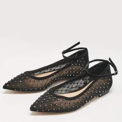 Pre Owned Gianvito Rossi Black Mesh and Suede Crystal Studded Ankle Strap Ballet Flats Size 37