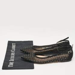 Pre Owned Gianvito Rossi Black Mesh and Suede Crystal Studded Ankle Strap Ballet Flats Size 37