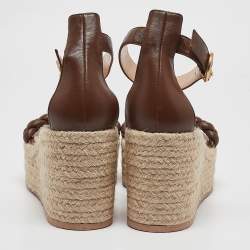 Gianvito Rossi Brown Braided Leather Merida Espadrille Wedge Sandals Size 40.5