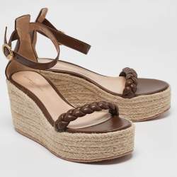 Gianvito Rossi Brown Braided Leather Merida Espadrille Wedge Sandals Size 40.5