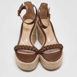 Gianvito Rossi Brown Braided Leather Merida Espadrille Wedge Sandals Size 40.5