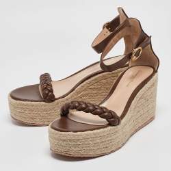 Gianvito Rossi Brown Braided Leather Merida Espadrille Wedge Sandals Size 40.5