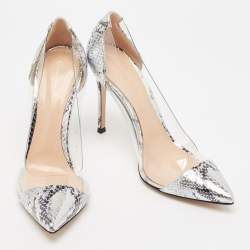 Gianvito Rossi Silver Snake Embossed Leather and PVC Plexi Pumps Size 39.5