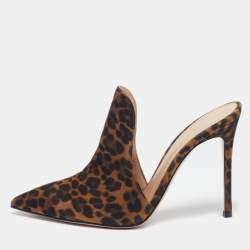 Pre Owned Gianvito Rossi Brown/Black Leopard Print Fabric Aramis Mules Size 39