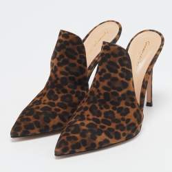 Pre Owned Gianvito Rossi Brown/Black Leopard Print Fabric Aramis Mules Size 39