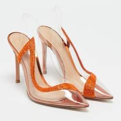 Gianvito Rossi Transparent/Orange PVC and Suede Embellished Hortensia Pumps Size 37