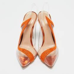 Gianvito Rossi Transparent/Orange PVC and Suede Embellished Hortensia Pumps Size 37